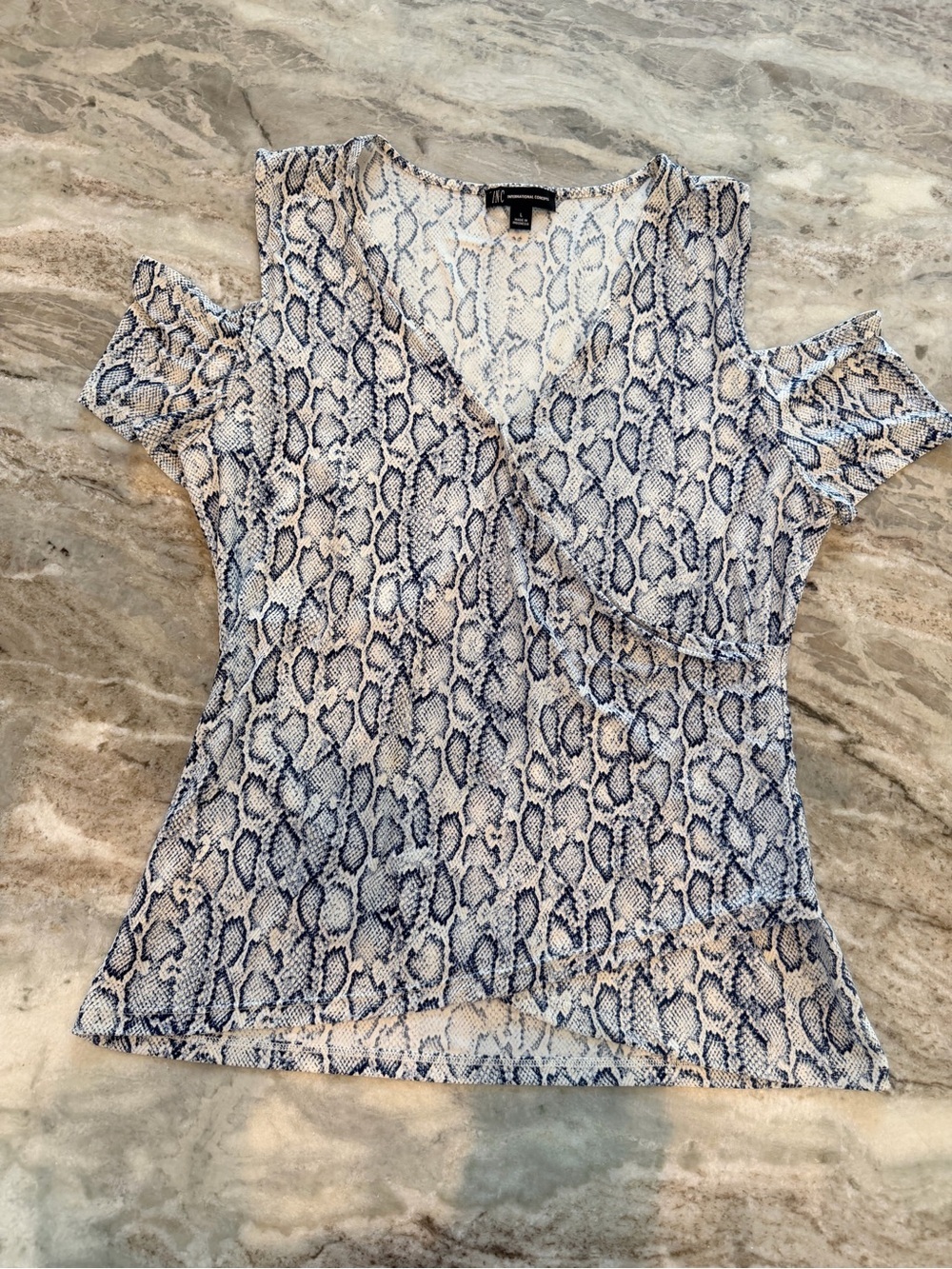 INC International Concepts Snake Print Cold Shoulder Faux Wrap Top Blue Ivory L